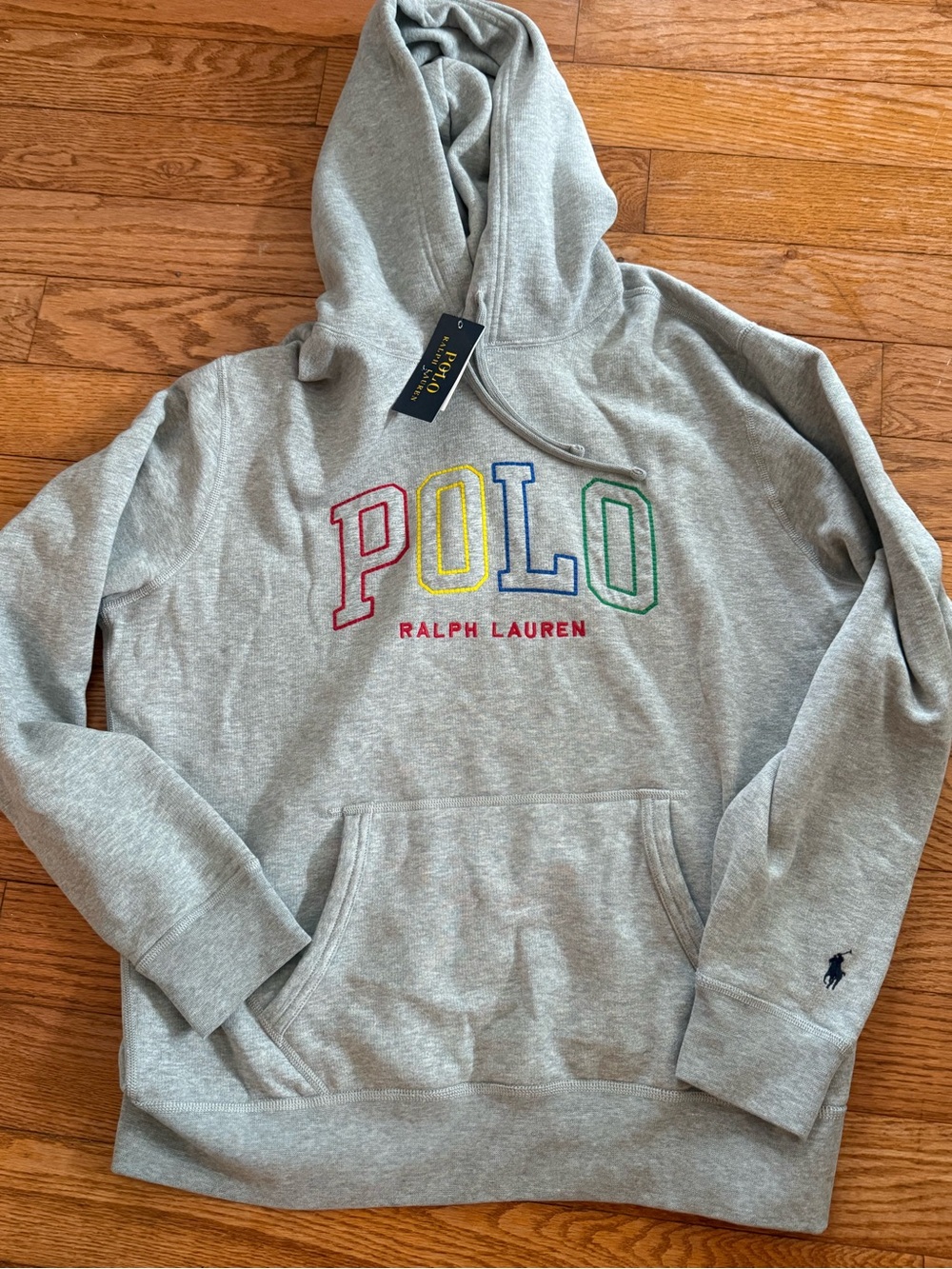 Polo Ralph Lauren Men's Large Grey Colorful Stitched Logo Fleece Pullover Hoodie